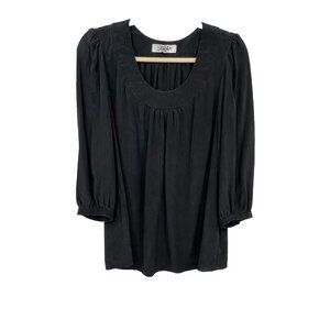 Tibi Top 100% Silk Blouse Size 4 Black 3/4 sleeves Y2K Pleated detail Pullover